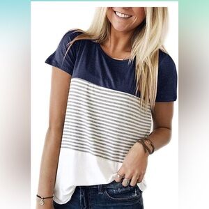 NWOT YunJey Navy, Grey, and White Striped Women's Top. Size L.